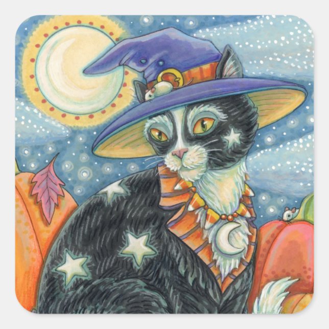 STICKER CARRÉ HOCUS POCUS NOIR CAT WITCH & MOUSE HALLOWEEN (Devant)