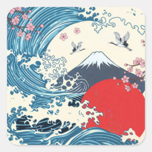Sticker Carré Hokusai Grande Vague Rétro Art Japonais