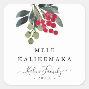 Sticker Carré Holiday Berries Mele Kalikemaka Script Texte perso