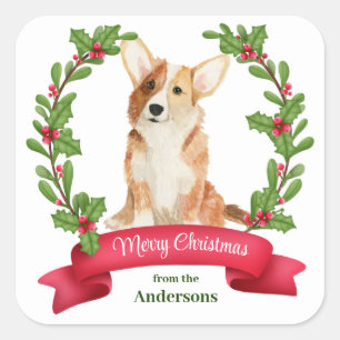 Sticker Carré Holly Banner Corgi Chien Noël