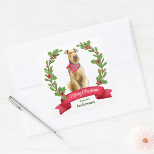 Sticker Carré Holly Banner Fox Airedale Terrier Chien Noël