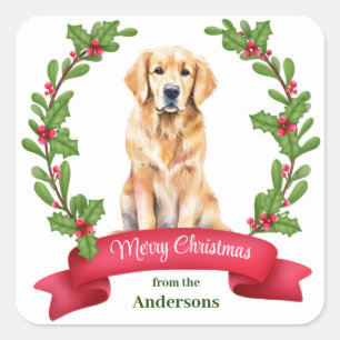 Sticker Carré Holly Banner Golden Retriever Noël