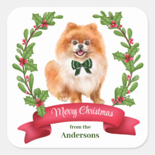 Sticker Carré Holly Banner Red Pomeranian Noël