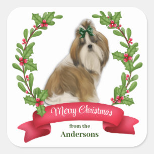 Sticker Carré Holly Banner Shih Tzu Chien Noël