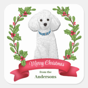 Sticker Carré Holly Banner White Poodle Noël