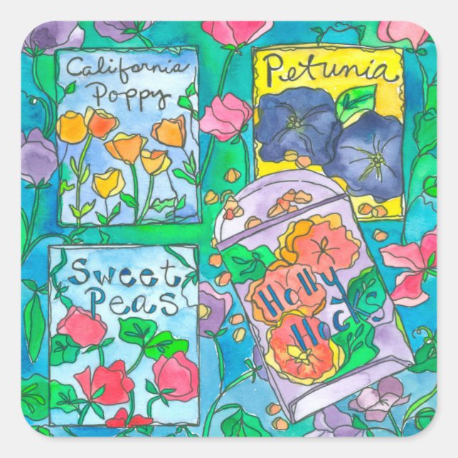 Sticker Carré Hollyhocks Fleurs aquarelles (Devant)