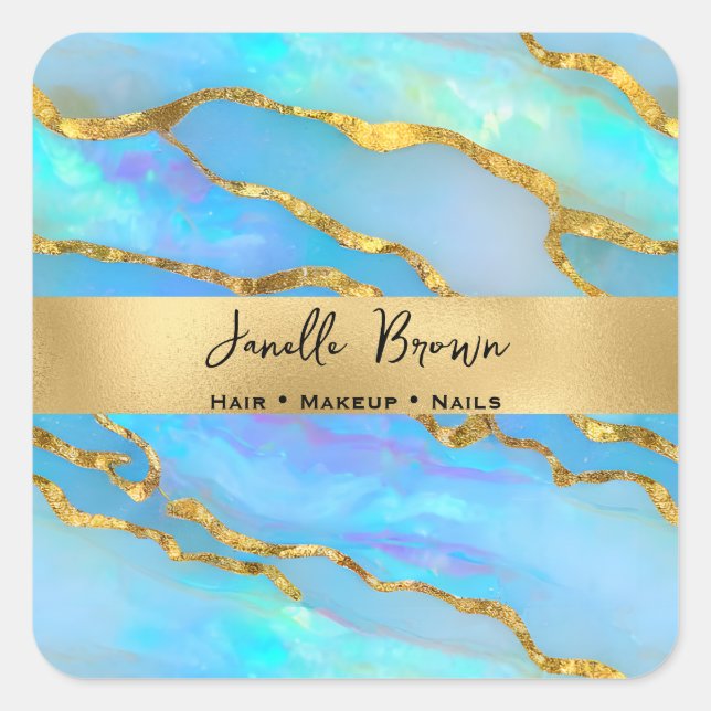 Sticker Carré Holographie de luxe Faux Opal Pierre et Gold Foil (Devant)