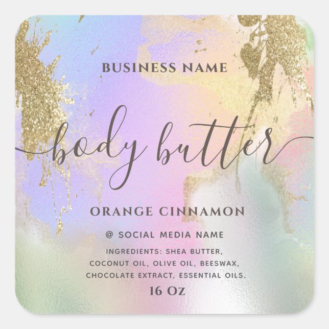 Sticker Carré Holographie parties scintillant liquide or écritur (Devant)