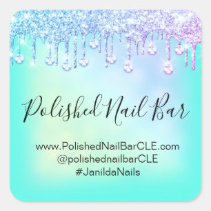 Sticker Carré Holographique Mint Blue Diamond Drips Ongle Rose