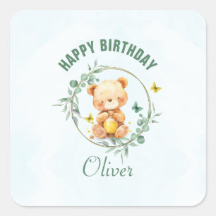 Sticker Carré Honey Bear Végétal Joli Garçon Anniversaire