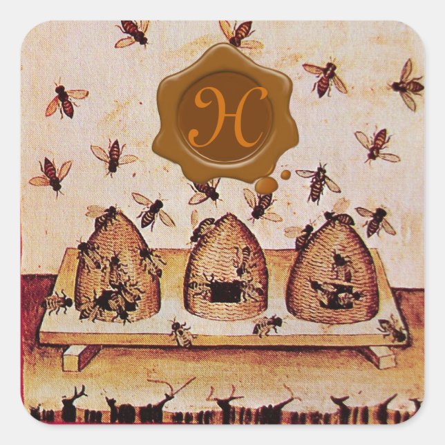 STICKER CARRÉ HONEY BEE, MONOGRAMME DE SCEAU DE CIRE BROWN (Devant)