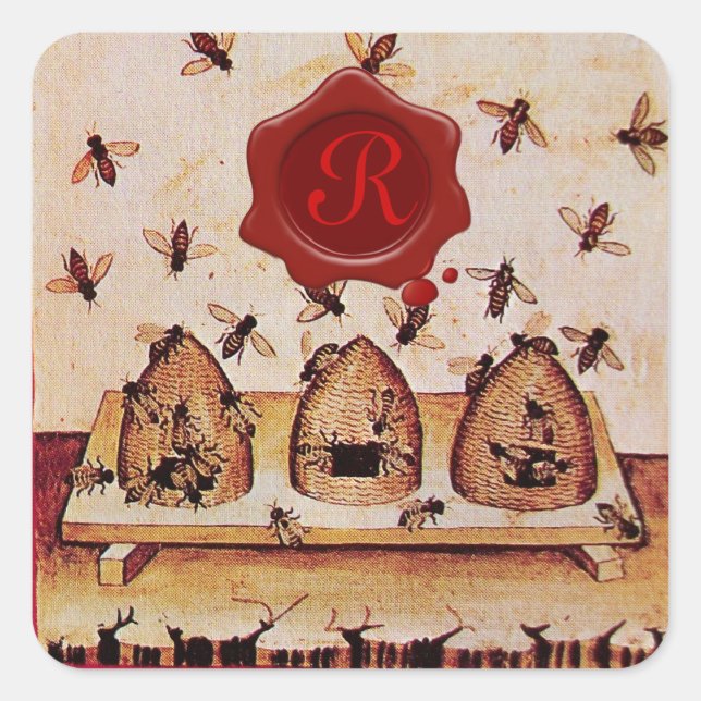 STICKER CARRÉ HONEY BEE, MONOGRAMME DE SCEAU DE CIRE ROUGE (Devant)