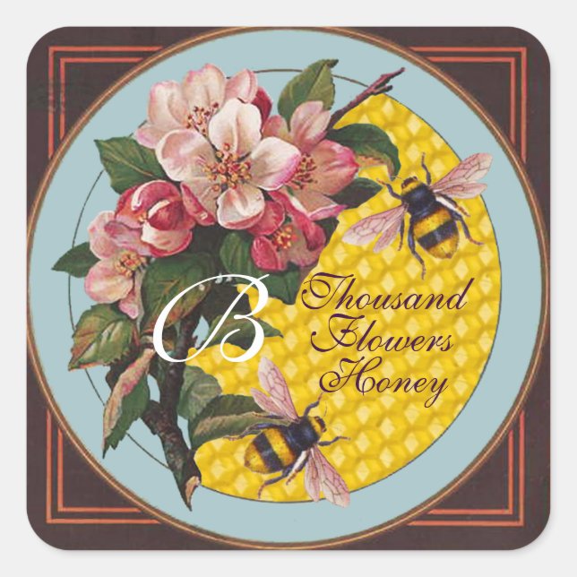 STICKER CARRÉ HONEY BEES AVEC MONOGRAM ROSE SAUVAGE (Devant)