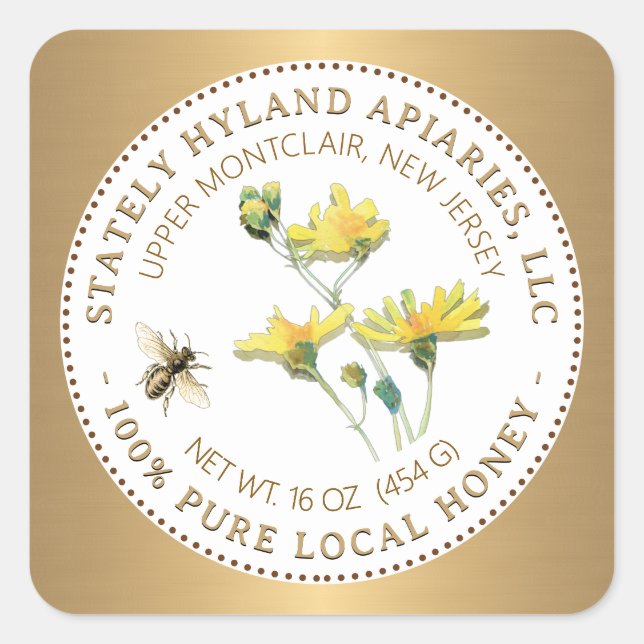 Sticker Carré Honey Label Yellow Flower Bee and Gold Border (Devant)