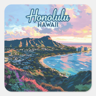 Sticker Carré Honolulu Hawaii Oahu Waikiki Beach Diamondhead