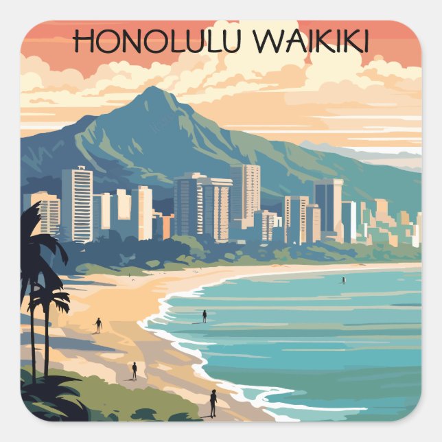 Sticker Carré Honolulu Waikiki Beach Hawaii Panorama (Devant)