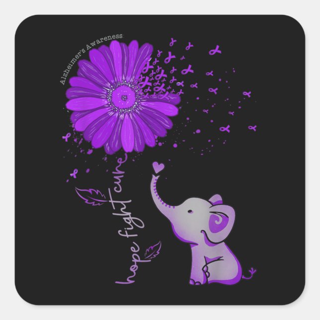 Sticker Carré Hope Fight Cute Elephant Alzheimer's Purple Ribbon (Devant)