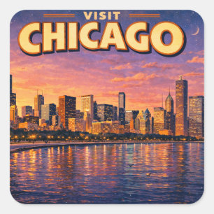 Sticker Carré Horizon de Chicago et lac Michigan au crépuscule