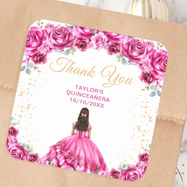Sticker Carré Hot Pink Princess Quinceañera Thank You (Créateur téléchargé)