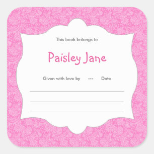 Sticker Carré Hot rose Damask Girl Book baby shower Bookplate