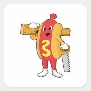 Sticker Carré Hotdog as Carpenter with Saw & Wood