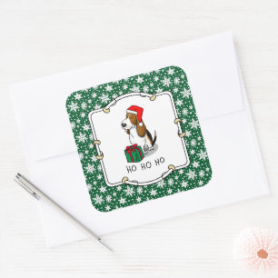 Sticker Carré Hound de Noël Père Noël Basset (trois couleurs 1)