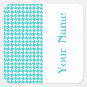 Sticker Carré Houndstooth moderne turquoise avec nom