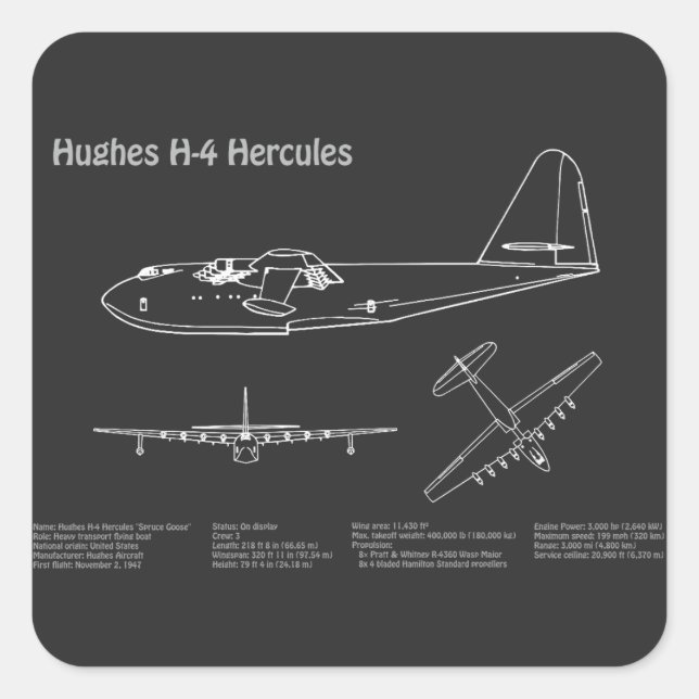 Sticker Carré Hughes H-4 Hercules Oie d'épinette - Plans d'avion (Devant)