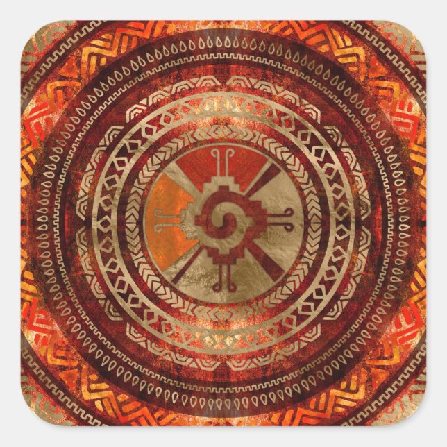 Sticker Carré Hunab Ku symbole maya Brûlé orange et or (Devant)