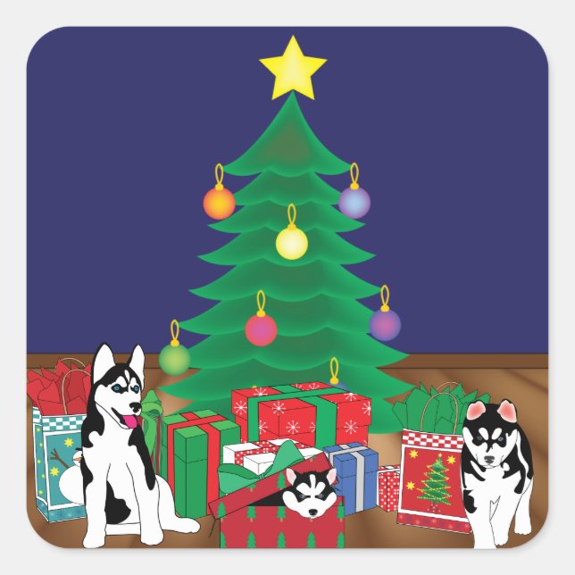 Sticker Carré Huskies Jouer sous la carte d'arbre de Noël (Devant)