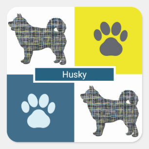 Sticker Carré Husky Dog & Paw Y&B Grid