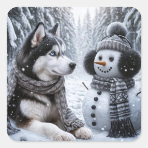 Sticker Carré Husky et Snowman dans les bois d'hiver