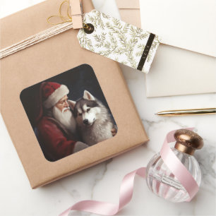 Sticker Carré Husky Sibérien avec le Père Noël Festif de Noël