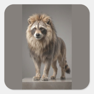 Sticker Carré Hybride de Raton Laveur et Lion – Majesté Sauvage