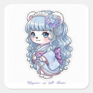Sticker Carré Hydrangea Yukata Bear - Pastel Hair&Pearl Elegance