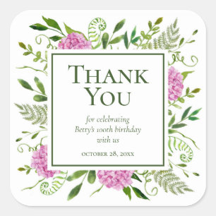 Sticker Carré Hydrangeas Roses Fuschia pour les 100 ans Remercie
