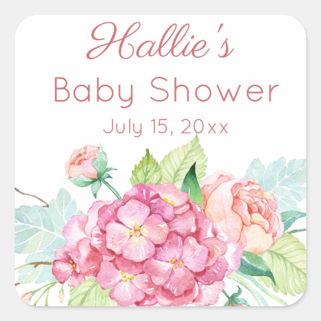 Sticker Carré Hydrangée rose et Baby shower de pivoine Merci (Devant)