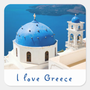Sticker Carré I love Greece Church Santorini bleu photo et texte