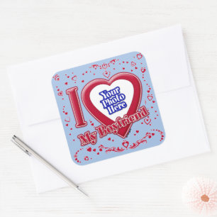 Sticker Carré I Love My Boyfriend Photo Red Hearts Baby Blue