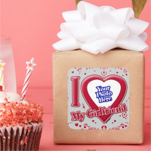Sticker Carré I Love My Girlfriend Photo Coeurs rouges Gris
