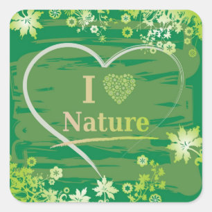Sticker Carré I Love Nature Coeur Texte et Fleurs - Vert