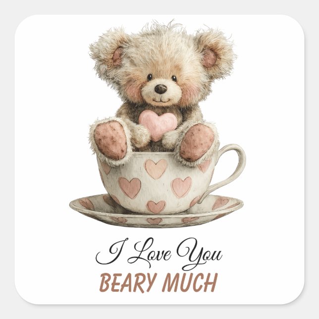 Sticker Carré I Love You Beary Much In Cup Postcard (Devant)