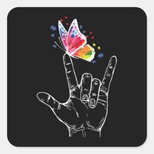Sticker Carré I Love You Hand Sign Language Butterfly Autism