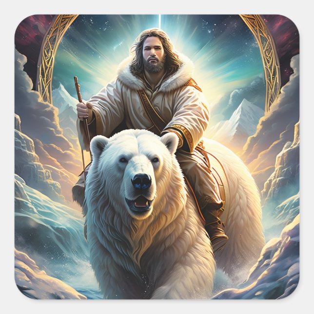 Sticker Carré (IA générée) Jésus sur un ours polaire (Devant)