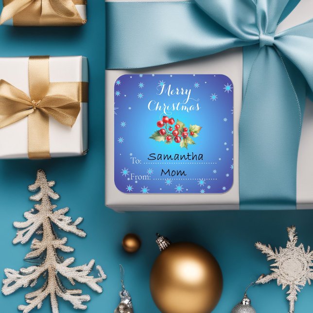 Sticker Carré Icy Blue Red Holly Berries Joyeux Noël (Créateur téléchargé)
