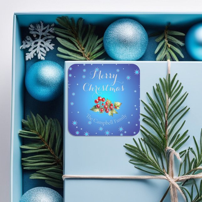 Sticker Carré Icy Blue Red Holly Berries Joyeux Noël (Créateur téléchargé)