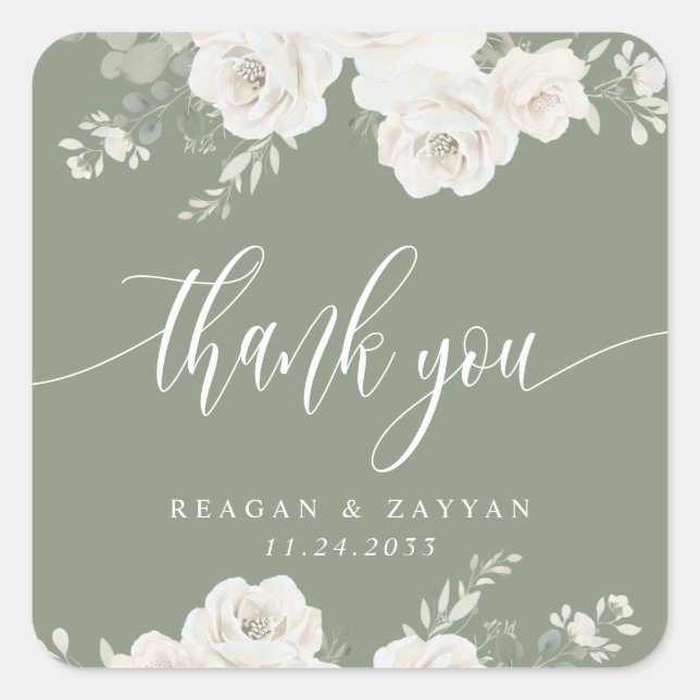 Sticker Carré Iivoire Et Sage Élégant Merci Mariage Floral (Devant)