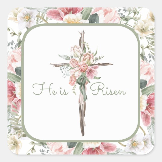 Sticker Carré Il est ressuscité Spring Floral Cross (Devant)