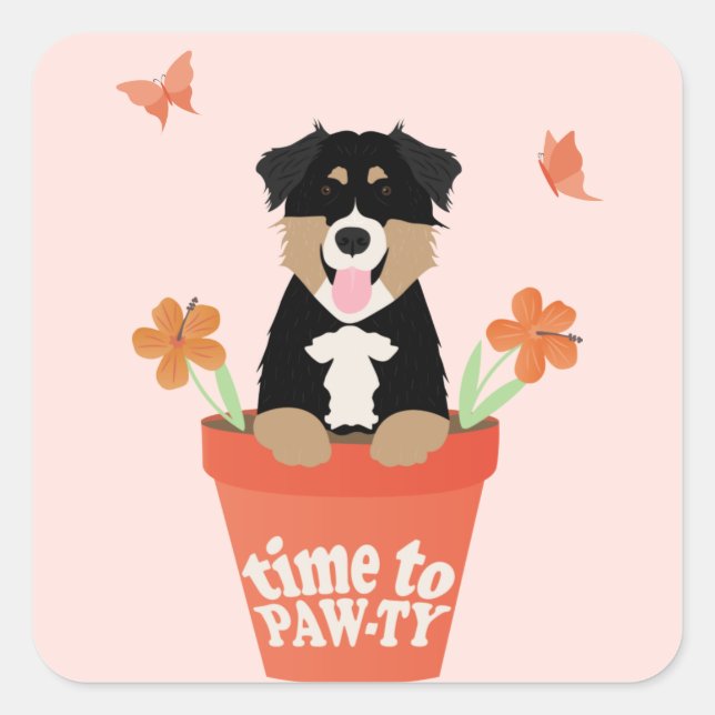 Sticker Carré Il Est Temps De Pawty Australian Shepherd Dog (Devant)