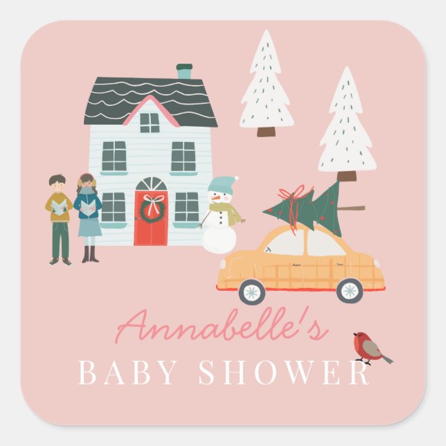 Sticker Carré Il Faut Un Village Vacances Ville Baby shower Rose (Devant)